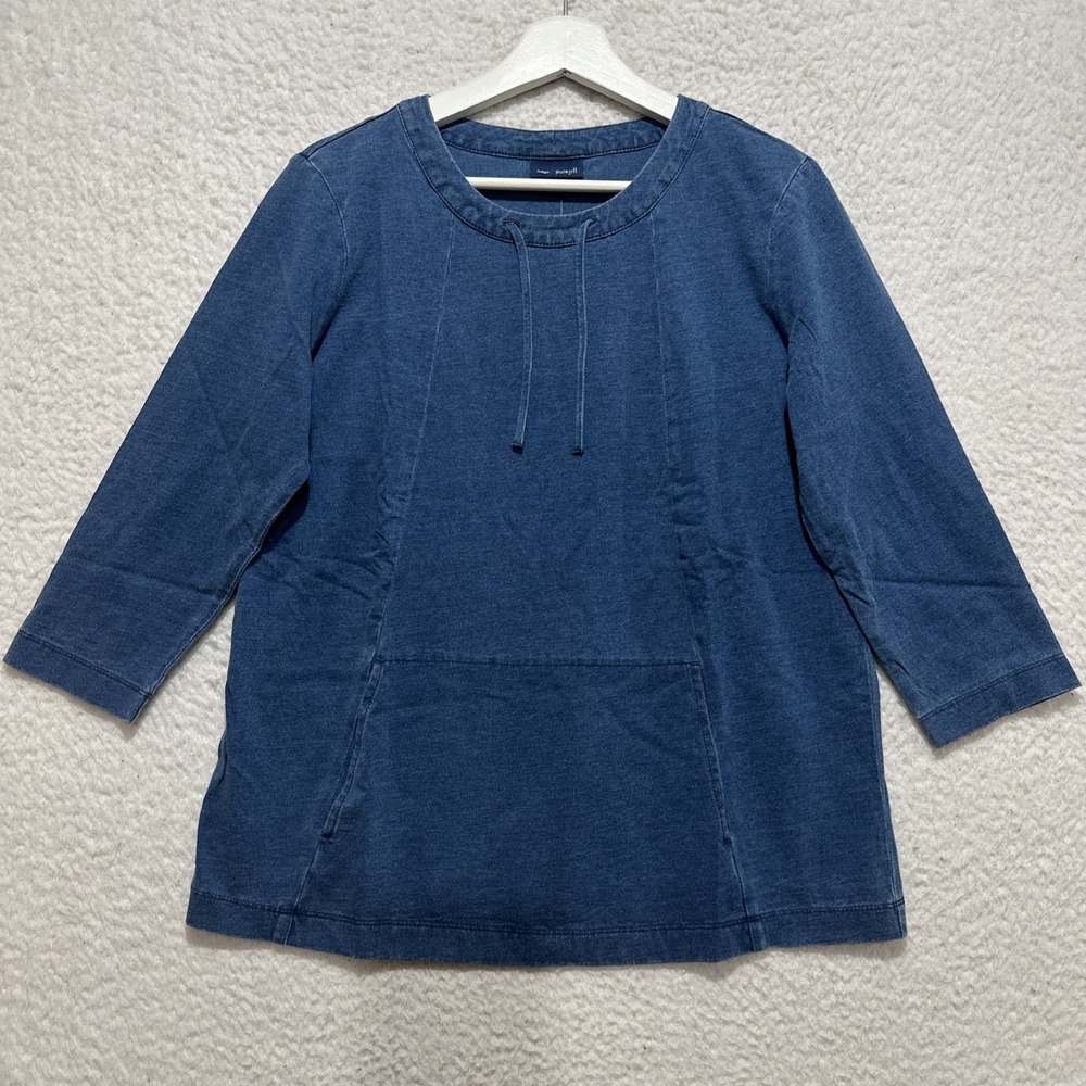 Pure Jill Indigo Drawstring Neck‎ 3/4 Sleeve Top Kangaroo Pocket Size Small NWT
